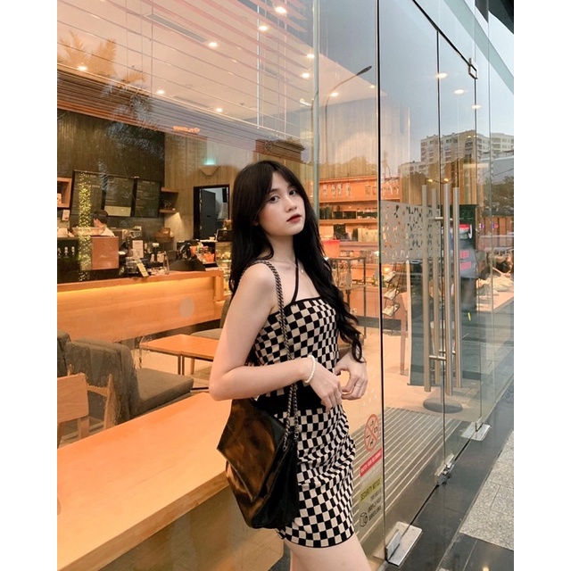 Set áo caro dây cổ chéo kèm chân váy S350 SUSTORE