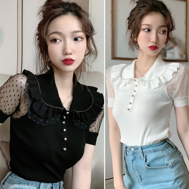 Áo Kiểu Tay Ngắn Phối Nút Thiết Kế Cổ Búp Bê Thanh Lịch