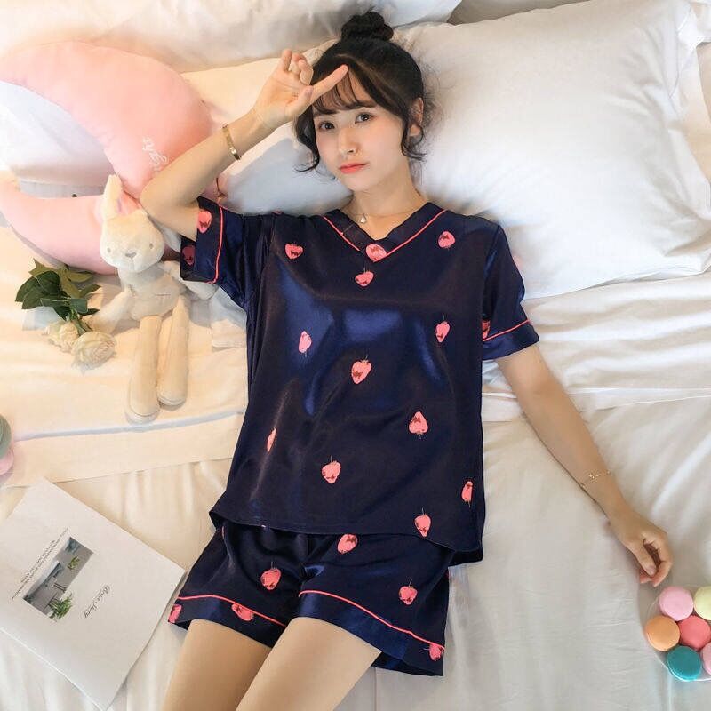 Bộ Đồ Ngủ Vải Lụa Satin In Họa Tiết Trái Cây Phong Cách Hàn Quốc Cho Nữ Size M-5Xl