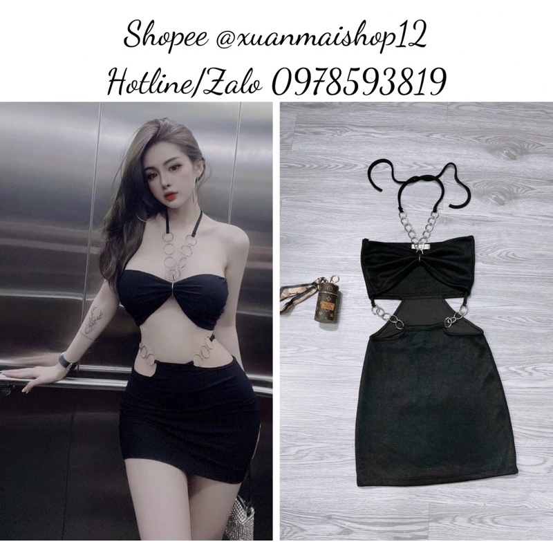 Đầm nữ ôm body cổ yếm phối xích hở eo táo bạo sexy CÓ QUẦN TRONG