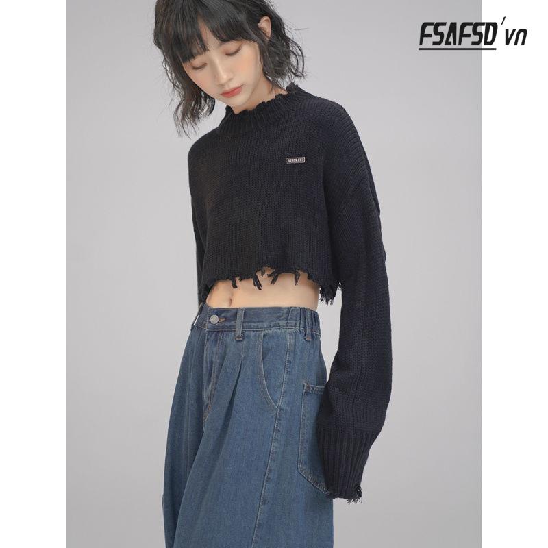 Áo Sweater Dệt Kim Tay Dài Dáng Rộng Phối Rách Cá Tính Cho Nữ