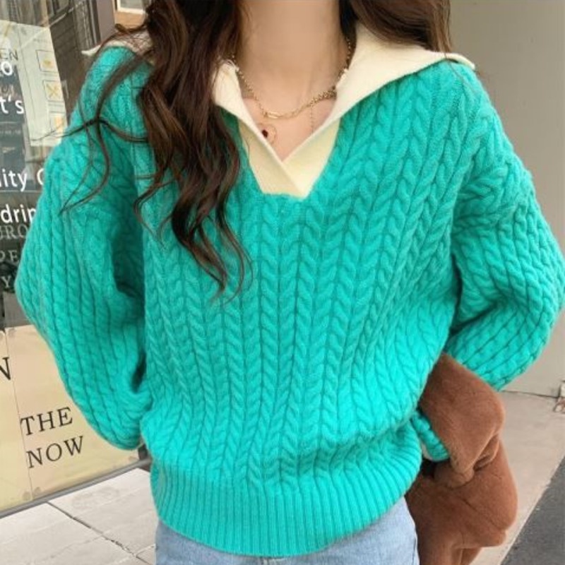 Áo Len Sáp Mềm Dài Tay Dáng Rộng Phối Màu Tương Phản Kiểu retro Hàn Quốc