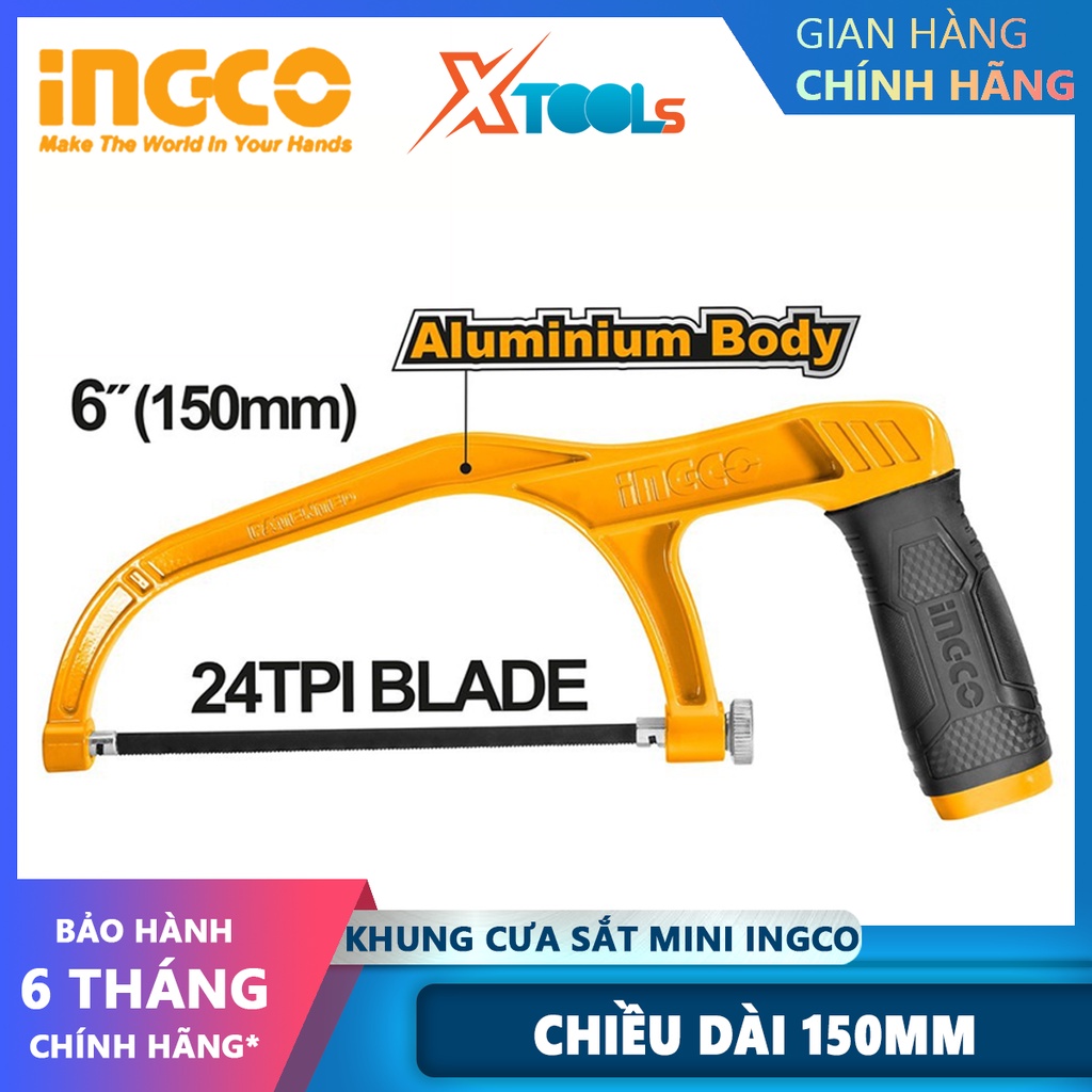 Khung cưa sắt mini INGCO MHHF1503 cưa sắt cầm tay Kích thước 150mm (6&quot;), Thân nhôm, tay cầm dễ cầm, Với 1 chiếc lưỡi cưa