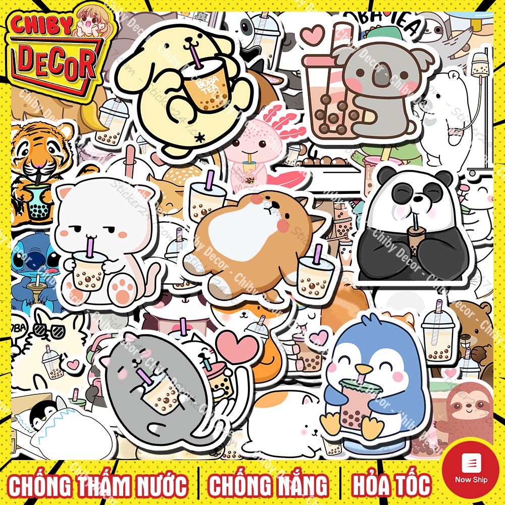 Sticker Cute Animal Uống Trà Sữa 🌈 Sticker Dán Mũ Bảo Hiểm, Hình Dán Nón Bảo Hiểm, Vali, Laptop, Guitar, Decal Dễ Thương