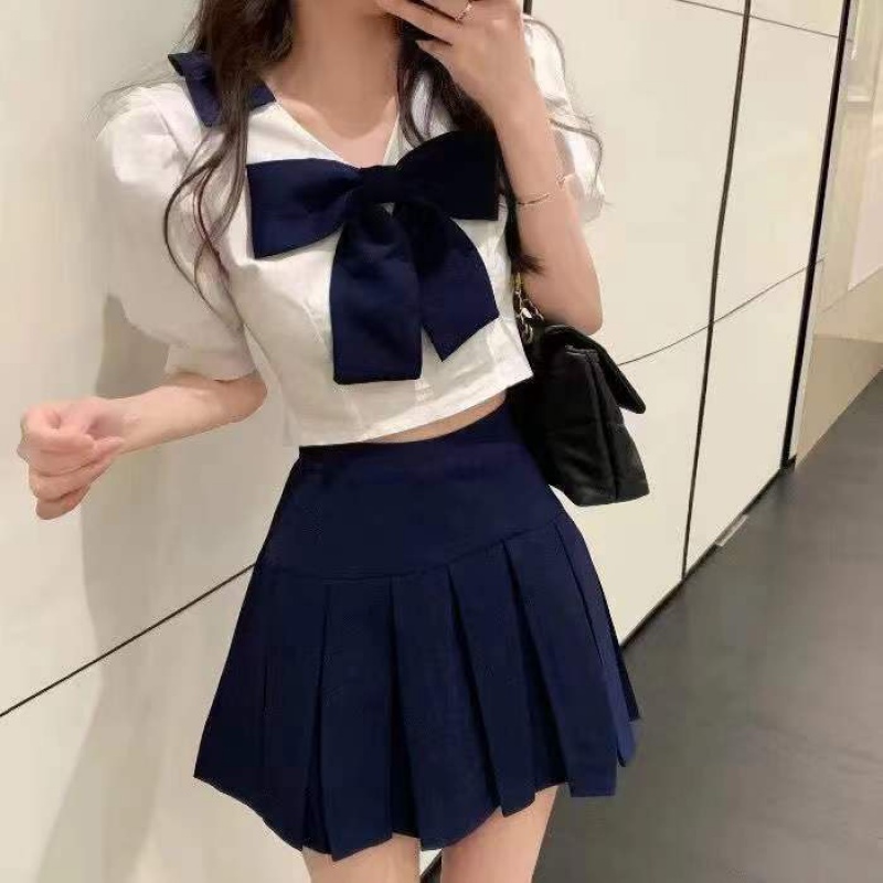 Set váy áo croptop chân váy Bộ Áo Ngắn Tay + Chân Váy Xếp Ly Lưng Cao Thời Trang Mùa Hè 2022 Mới A Eo Cao Thắt Nơ Phong Cách Pháp Ngọt Ngào Hàng Mới Cho Nữ