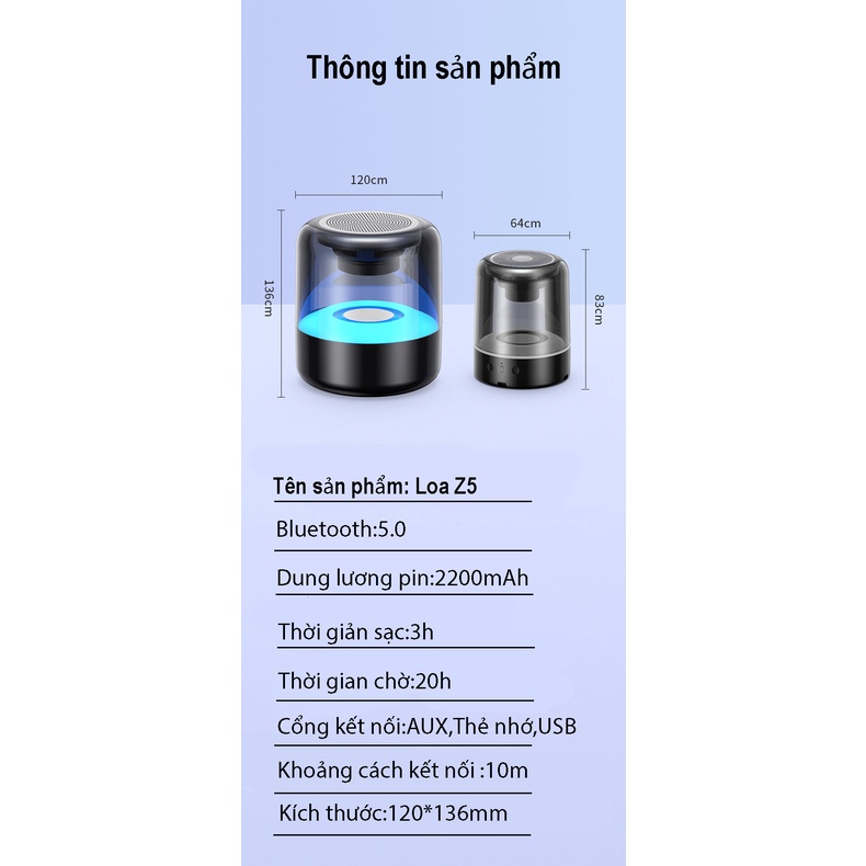 Loa bluetooth mini nghe nhạc không dây Z5 pin trâu, bass hay, âm thanh vòm 9D hỗ trợ usb và thẻ nhớ