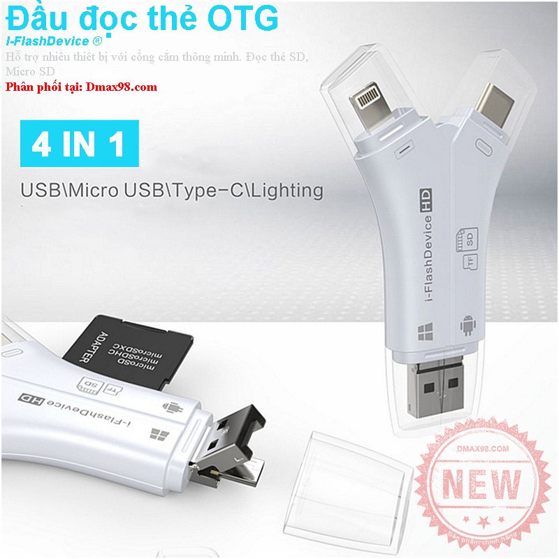 Đầu đọc thẻ OTG 4 in 1 cho iphone, ipad, macbook, android, pc ...