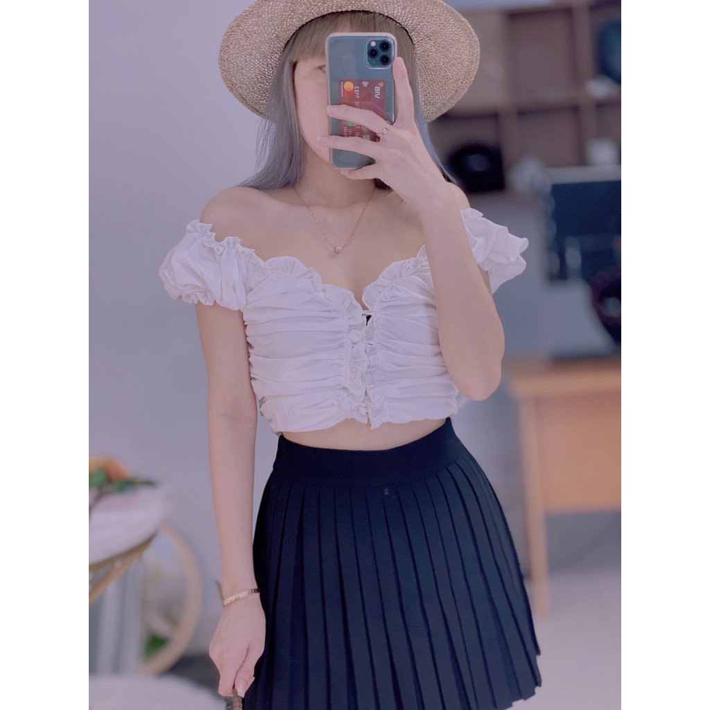 Áo Bẹt Vai Nhún Thân Đan dây viền dây - Áo thiết kế bẹt vai đan dây viền ren