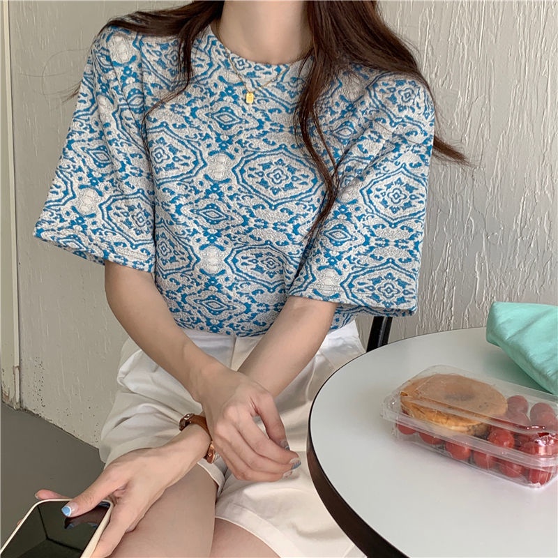 Áo Thun Ngắn Tay Họa Tiết Hoa Dập Nổi Sành Điệu 175245 Áo Thun Form Rộng Kiểu Dáng Retro Hợp Thời Trang