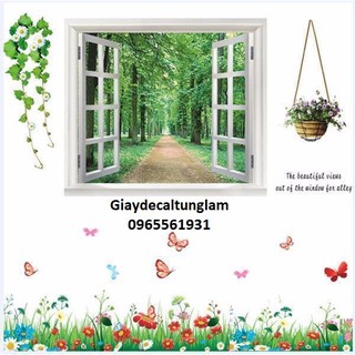 Decal Dán Tường Combo Cửa Sổ Xanh Và Chân Tường Cỏ Hoa