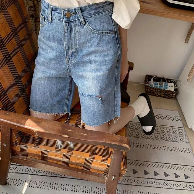 Quần short jeans lửng ngố cạp cao rách xé ulzzang kèm ảnh thật