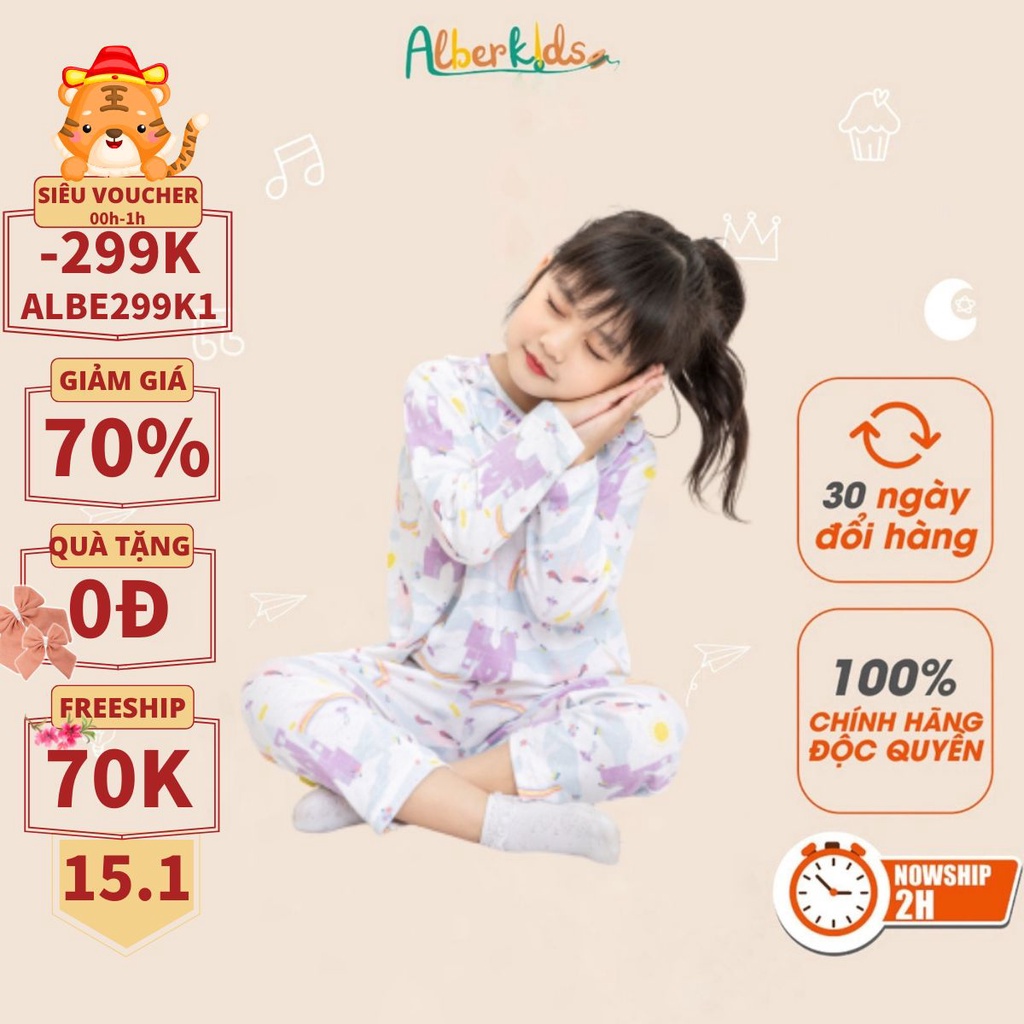 Bộ thu đông dài tay bèo cổ ALBERKIDS trắng pha xanh quần áo ngủ mặc nhà cho bé gái 2,3,4,5,6,7,8,9,10,11,12 tuổi [SA13]