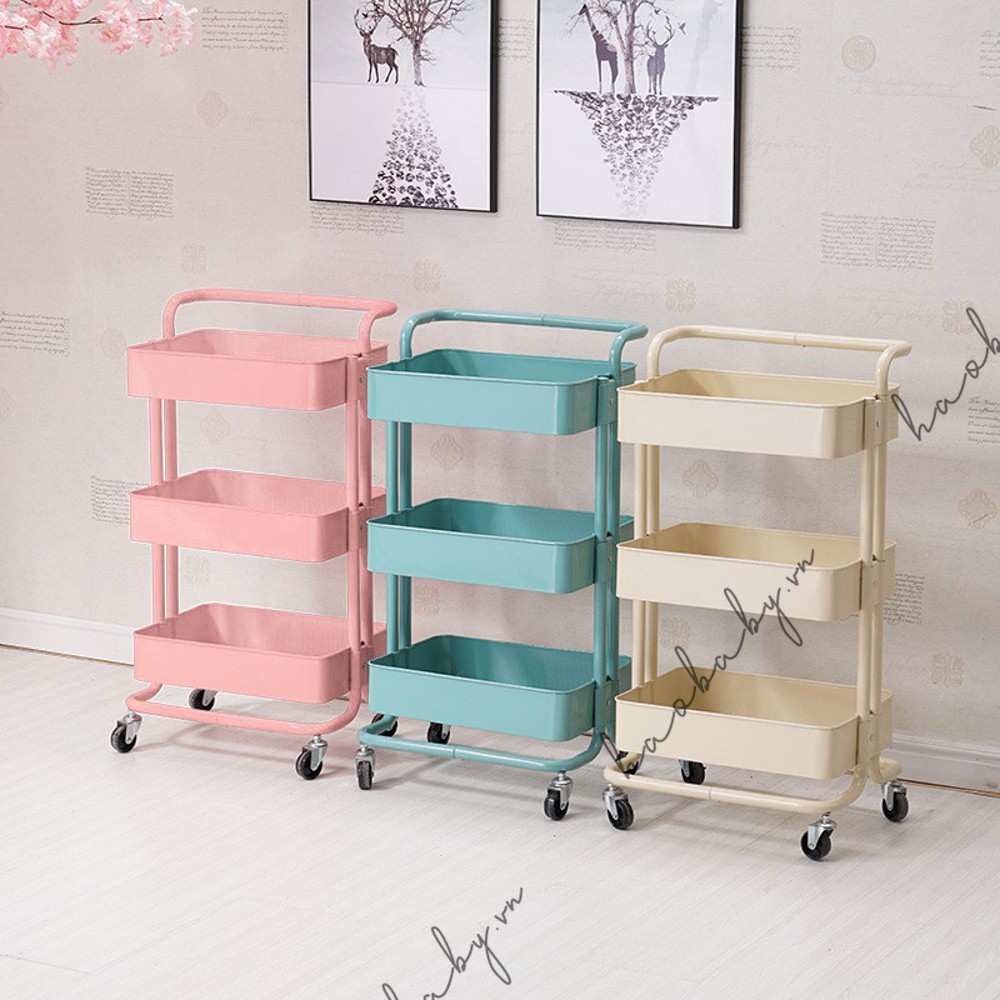 [Haobaby Shop] Kệ 3 Tầng Đa Năng Có Bánh Xe, làm Xe Đẩy Spa đựng đồ bỉm sữa cho mẹ và bé - set rổ chia kệ Umoo