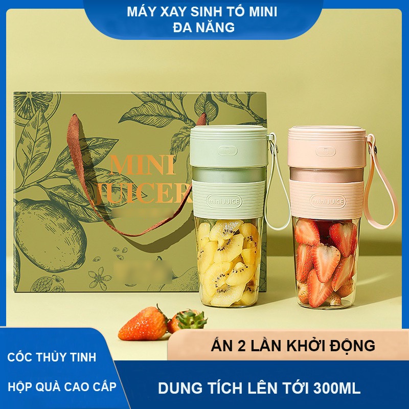 Máy Xay Sinh Tố Cầm Tay Mini JUICER Đa Năng Tặng Cốc Thủy Tinh Siêu Xinh Lưỡi Dao Hai Mặt Sắc Bén