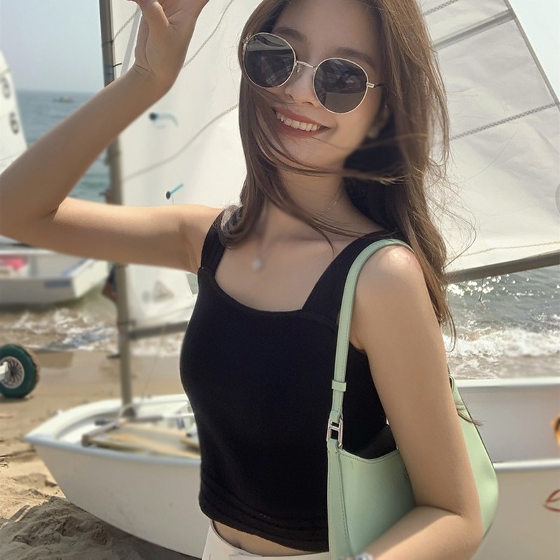 Áo hai dây dệt kim cổ vuông họa tiết kẻ sọc phong cách Hàn quốc