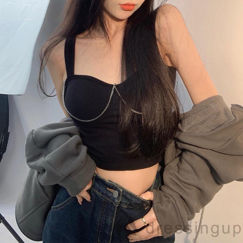 Áo Croptop Không Tay Đệm Mút Màu Trơn Phối Dây Xích Kim Loại Cho Nữ
