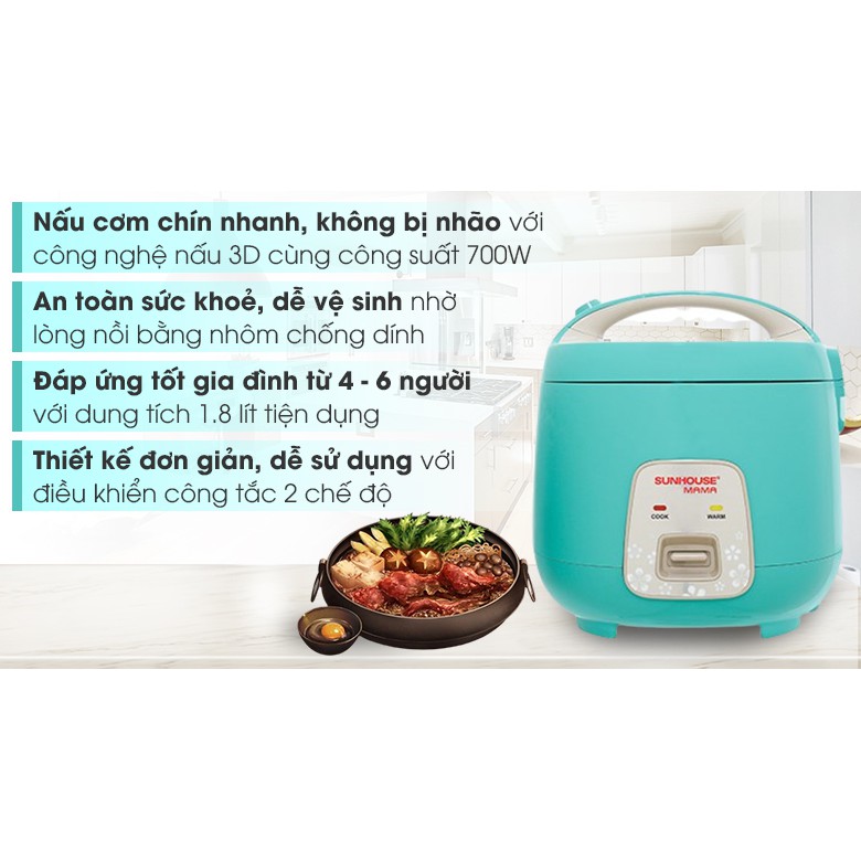 Nồi cơm nắp gài Sunhouse Mama 1.8 lít SHD8652G - hàng trưng bày