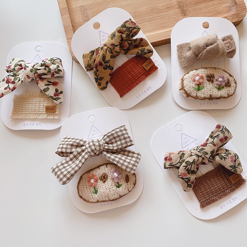 Set kẹp tóc nơ phụ kiện tóc trẻ em vintage phong cách Hàn quốc