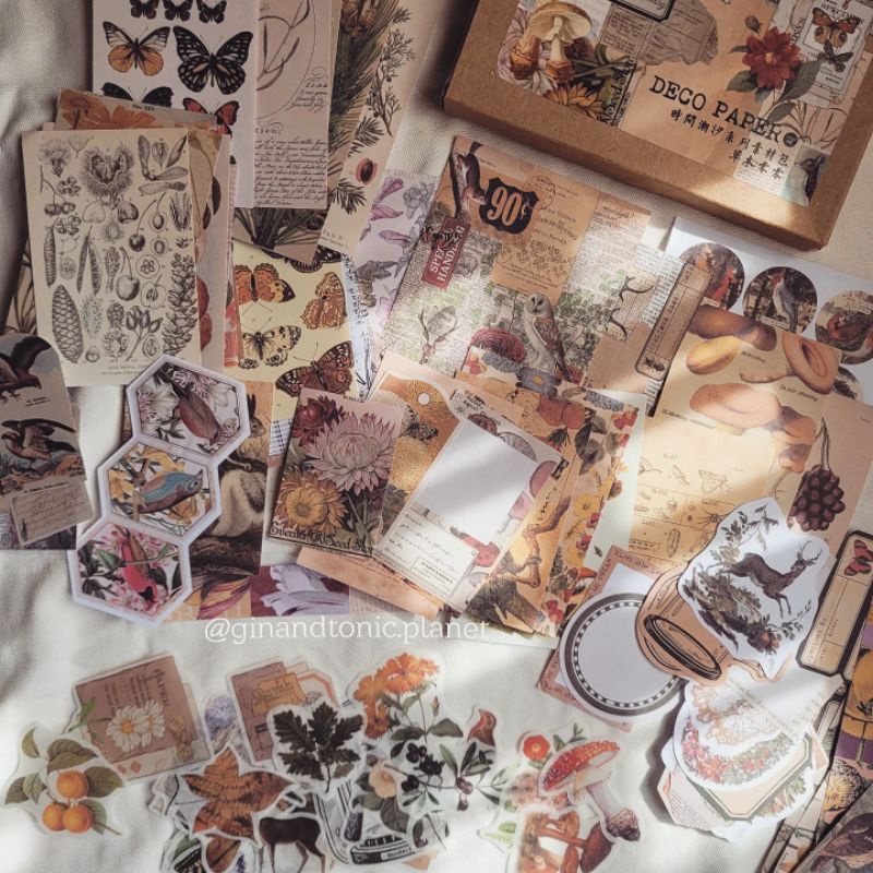 Set 100 món decor vintage gồm sticker và giấy nền dùng trang trí sổ bullet journal - ginandtonic