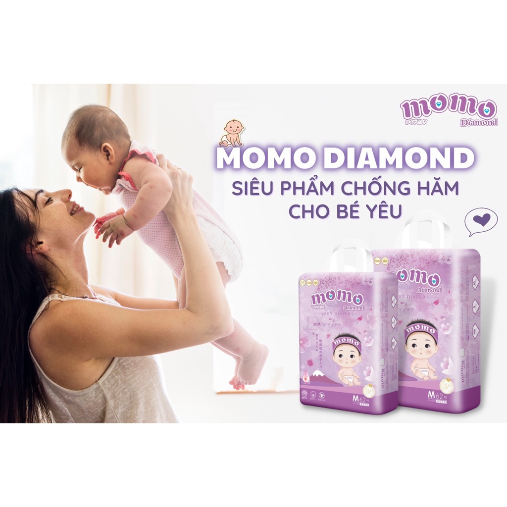 Bỉm tã dán/quần MOMO DIAMOND ORGANIC S64/ M60/L54/XL50/XXL48/XXXL46 tinh chất hoa anh đào.