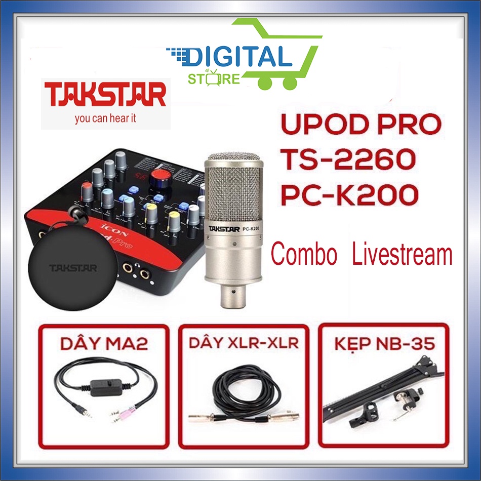 Combo Livestream takstar Bộ Mic PC K200, Soundcard Upod pro, tai nghe TS 2260,