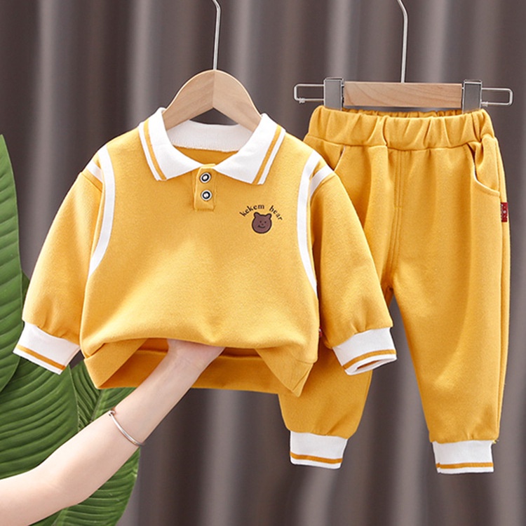 Quần Áo Bộ thu đông bé gái gồm áo phông polo dài tay, logo gấu và quần dài cạp chun bo gấu cho bé 7 - 20 kg, SUN KID'S