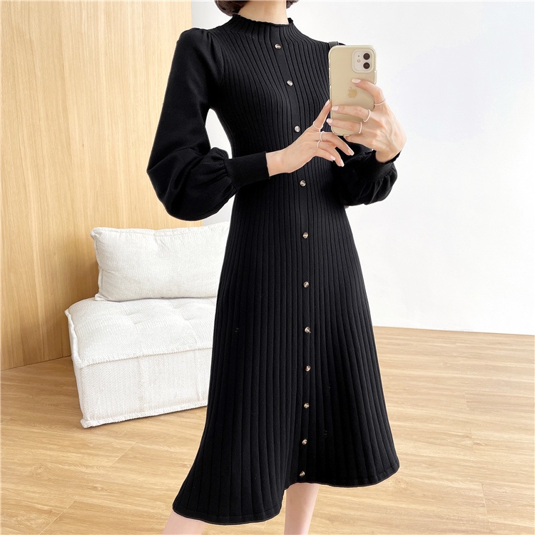 Đầm Len Dệt Kim Tay Phồng Cổ Cao Thời Trang Cho Nữ váy