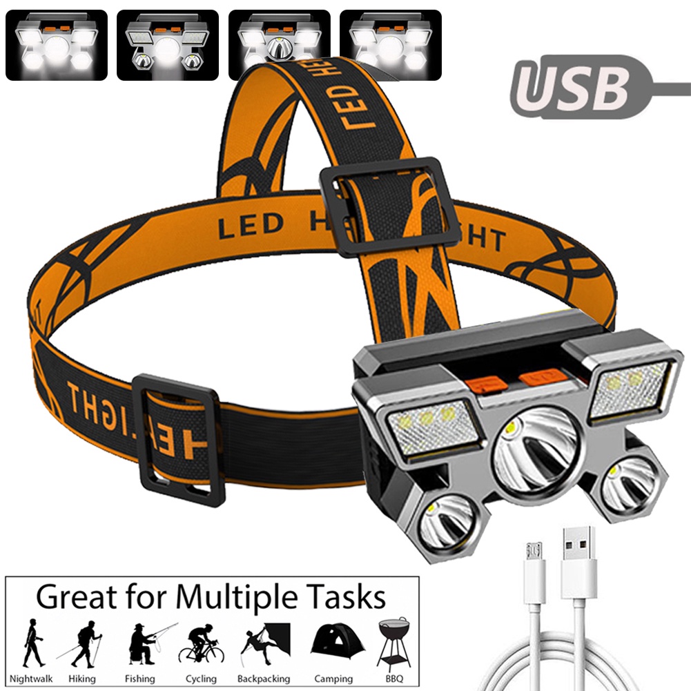 Đèn Pin Đeo Trán 5LED Tích Hợp Pin 18650 Cổng Sạc USB Dùng Cho Cắm Trại Ngoài Trời