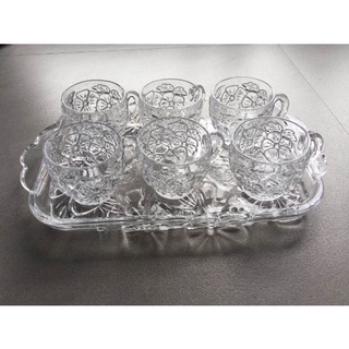 Bộ 6 cốc thủy tinh trắng kèm khay - bộ 6 ly thủy tinh tinh kèm khay cao cấp