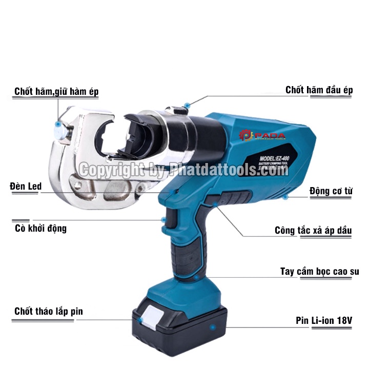 Máy ép cos thủy lực chạy pin EZ400-Hàm ép lớn từ 16-400mm2-Bảo hành 6 tháng