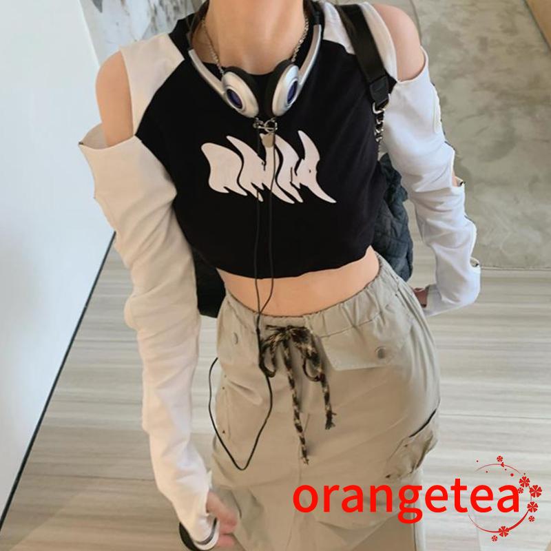 Áo Croptop Tay Dài Cổ Tròn Thiết Kế Khoét Quyến Rũ