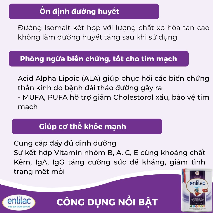 Sữa bột cho người tiểu đường Enlilac Diabetes, 900g, ổn định đường huyết cho bệnh nhân tiểu đường