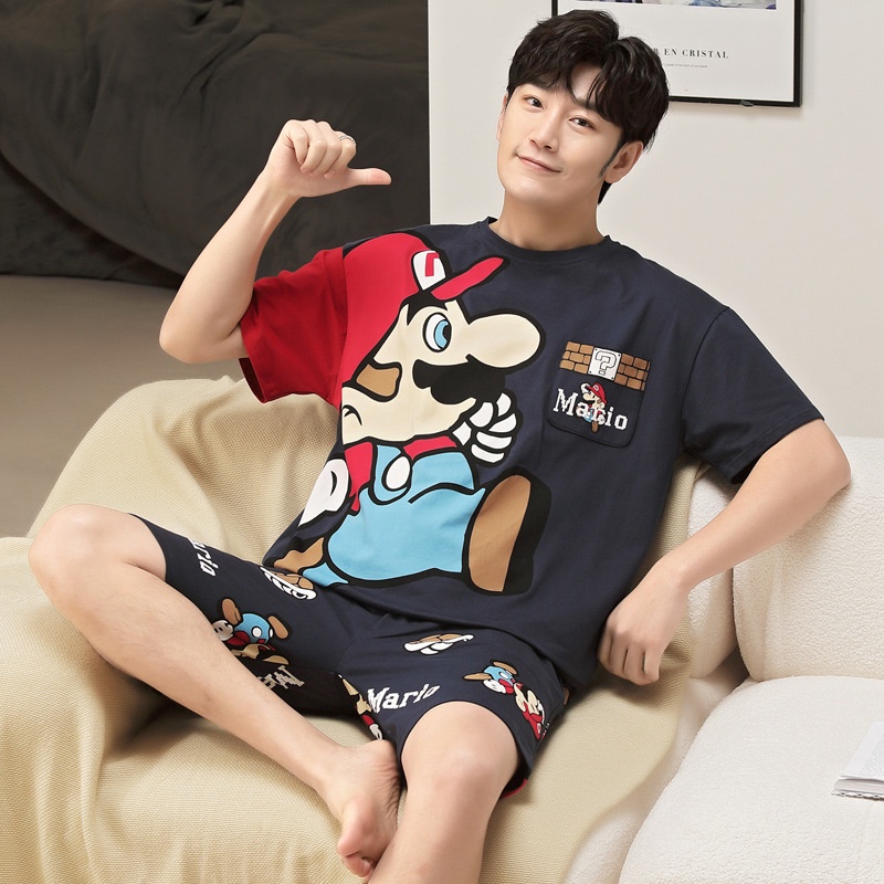 Bộ Đồ Ngủ Tay Ngắn Chất Liệu Cotton Mỏng In Họa Tiết Hoạt Hình Thời Trang Xuân Hè Cho Nam