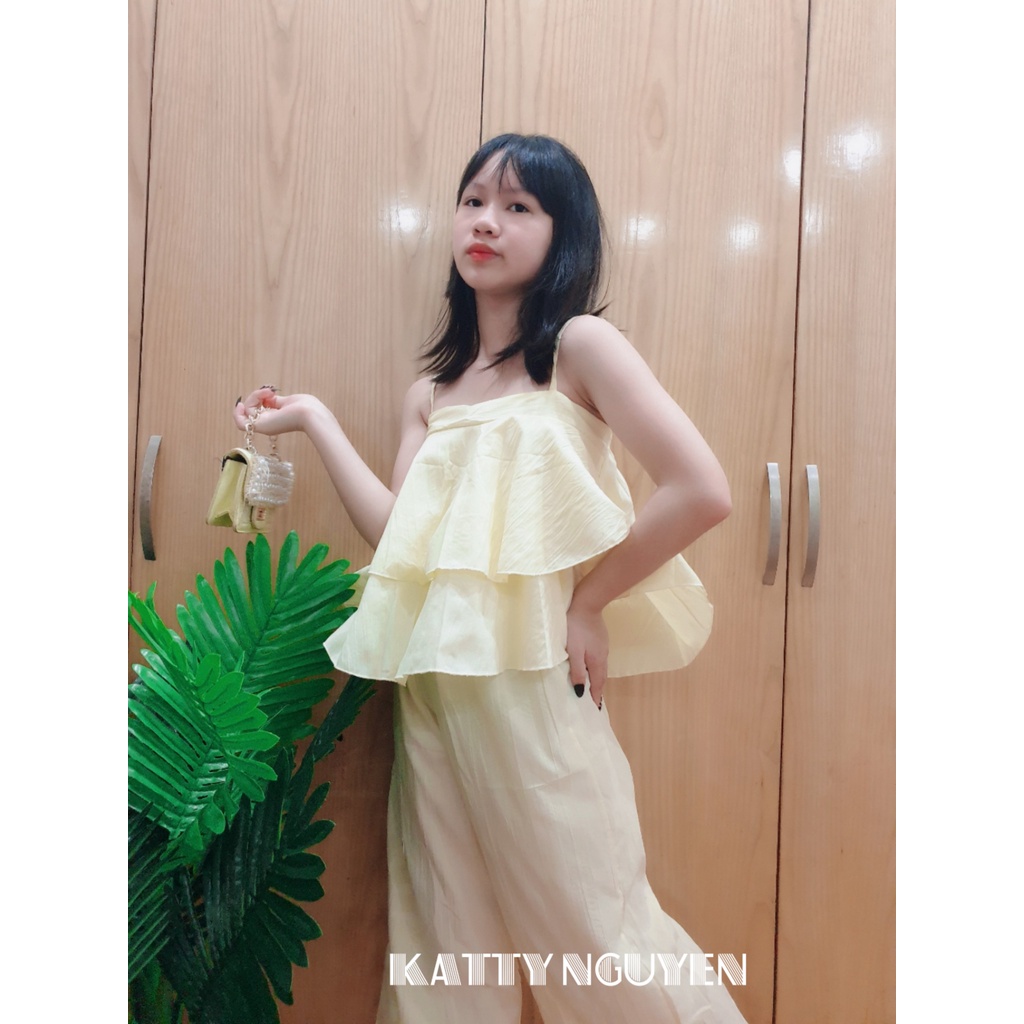 Đồ bộ áo 2 dây xếp tầng quần dài chất đũi KT253 | BigBuy360 - bigbuy360.vn