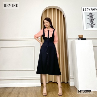 Đầm phối tay cổ sơ mi nơ BEMINE MT3099ĐEN