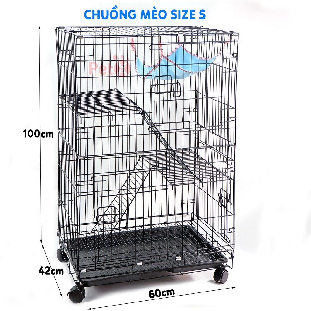 Chuồng mèo 3 tầng to đẹp giá rẻ bằng sắt, thép sơn tĩnh điện kèm võng, khay nhựa nhiều màu nuôi 2 con cao 100cm size S