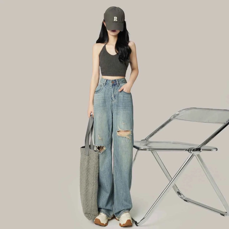 COZOK Quần Jean Ống Rộng Lưng Cao Phối Rách Cá Tính Thời Trang