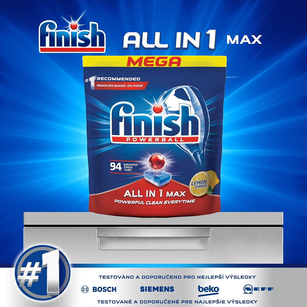 Túi 94 viên rửa chén Finish All In 1 Max Dishwasher Tablets Lemon QT09441 - hương chanh, Viên nén rửa chén bát