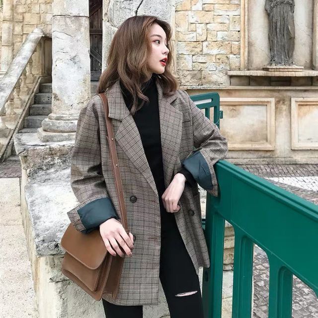 Ảnh thật 4 hình cuối-Áo blazer kẻ caro thời trang Hàn Quốc