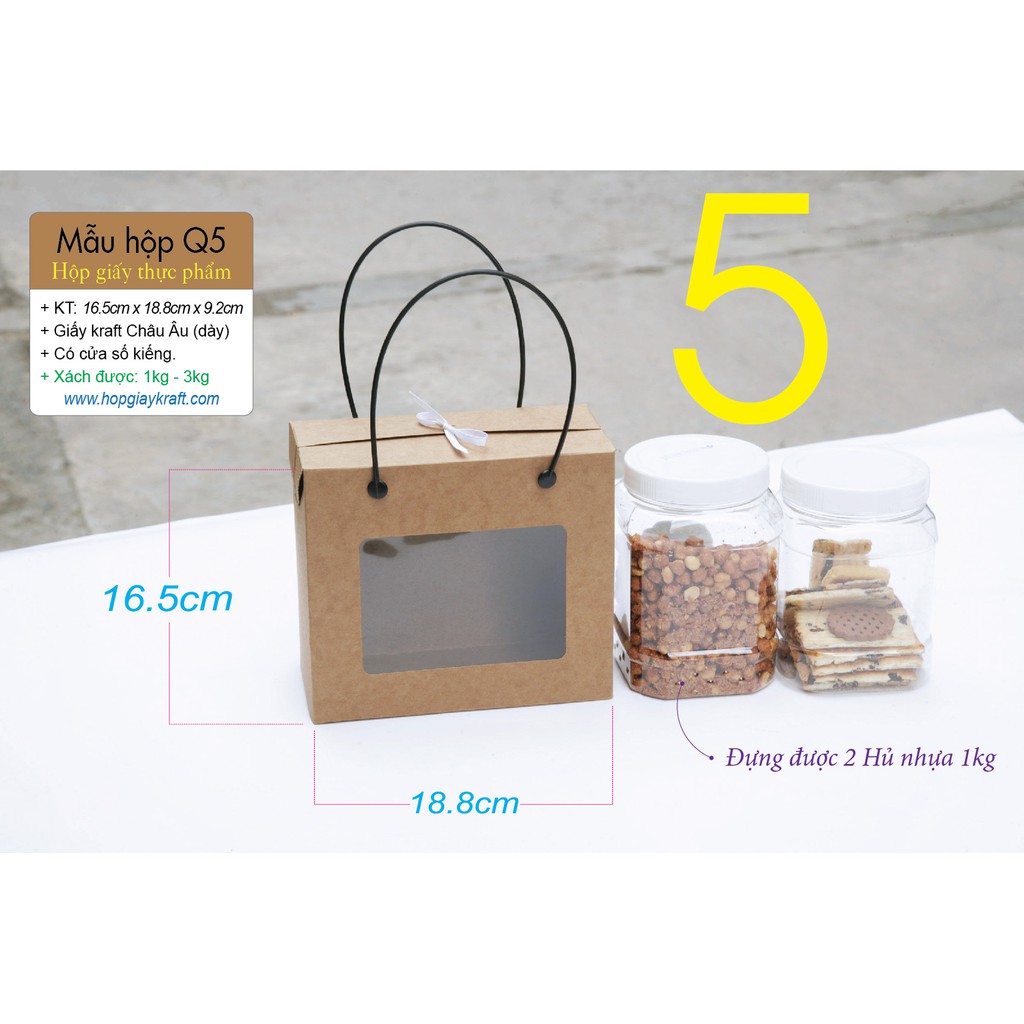 25 cái - Hộp giấy kraft đựng thực phẩm, 2 hộp nhựa nắp nhôm 800ml - 1kg = Hộp Q5