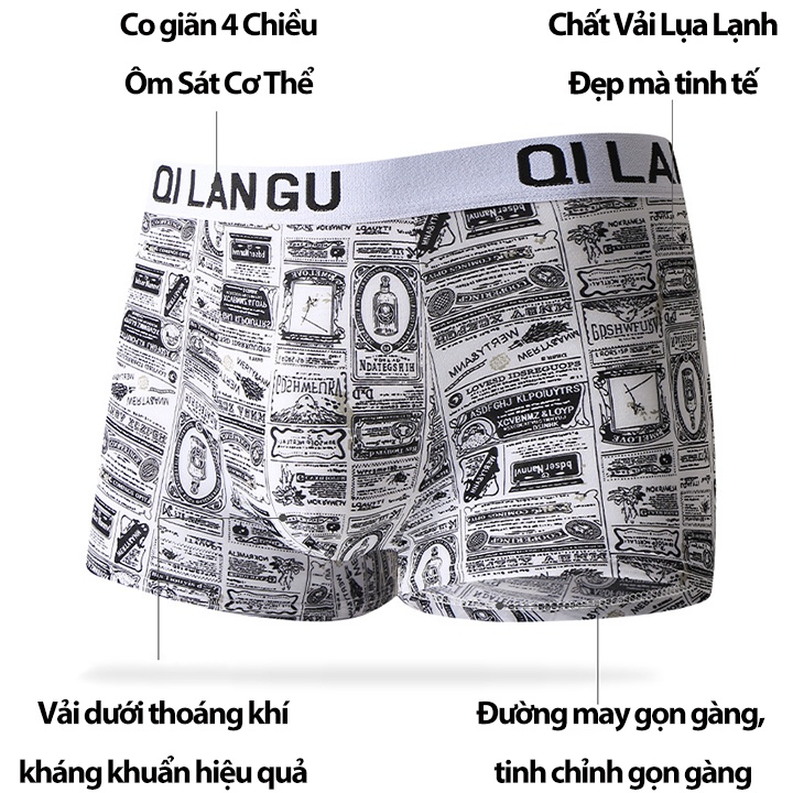 Quần Boxer Đùi Nam Vải Băng Lụa Kháng Khuẩn Cao Cấp, Quần Sịp Lót Boxer Nam Họa Tiết Độc Đáo Co Giãn 4 Chiều