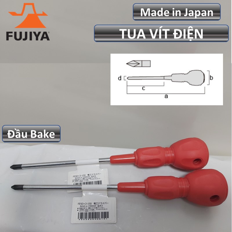 Tuốc nơ vít điện- tua vít điện đầu bake +2 6mmx150mm màu đỏ Fujiya FESD+2-150 made in Japan