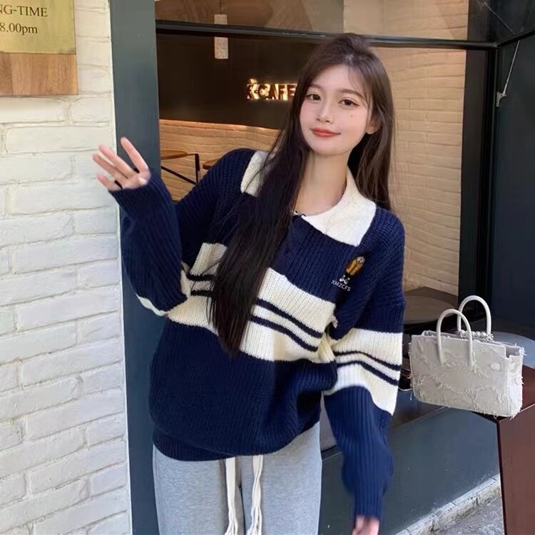 Áo sweater ZHELIHANGFEI dệt kim tay dài dáng rộng thêu họa tiết gấu hoạt hình dễ phối đồ thời trang xinh xắn