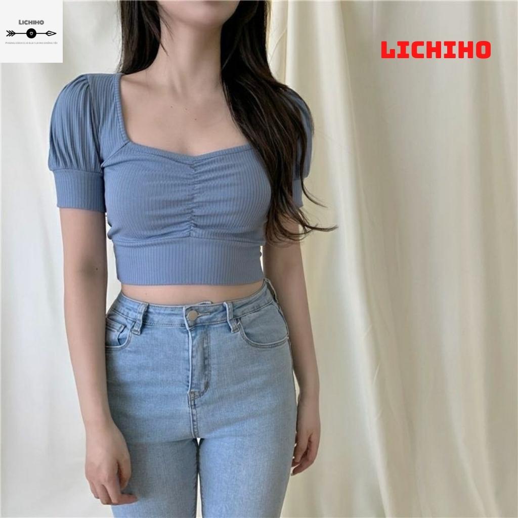 Áo croptop nữ tay phồng cổ vuông CT02 LICHIHO nhún ngược chất vải tốt mịn màn chất lượng quyến rủ | BigBuy360 - bigbuy360.vn