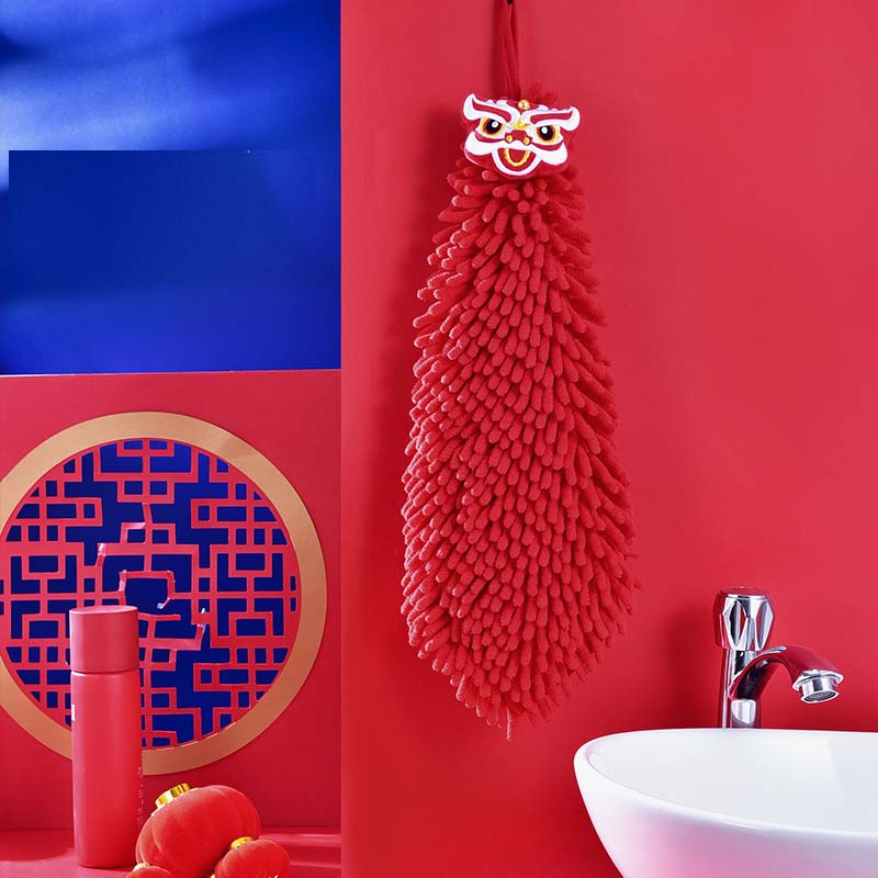 Dualswish Khăn Lau Tay Treo Tường Nhà Bếp Thấm Hút Tốt Thêu Hình Sư Tử Đỏ May Mắn Phong Cách Trung Hoa