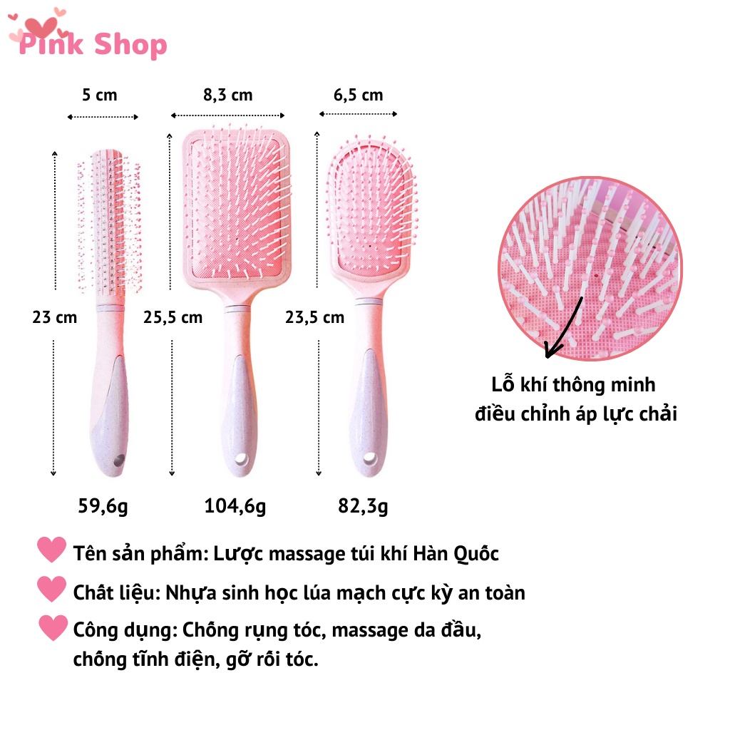 Lược massage có đệm khí đàn hồi tốt cho tóc và da đầu, Lược chải tóc nhựa lúa mạch cầm vừa tay dễ thương Pinkshop