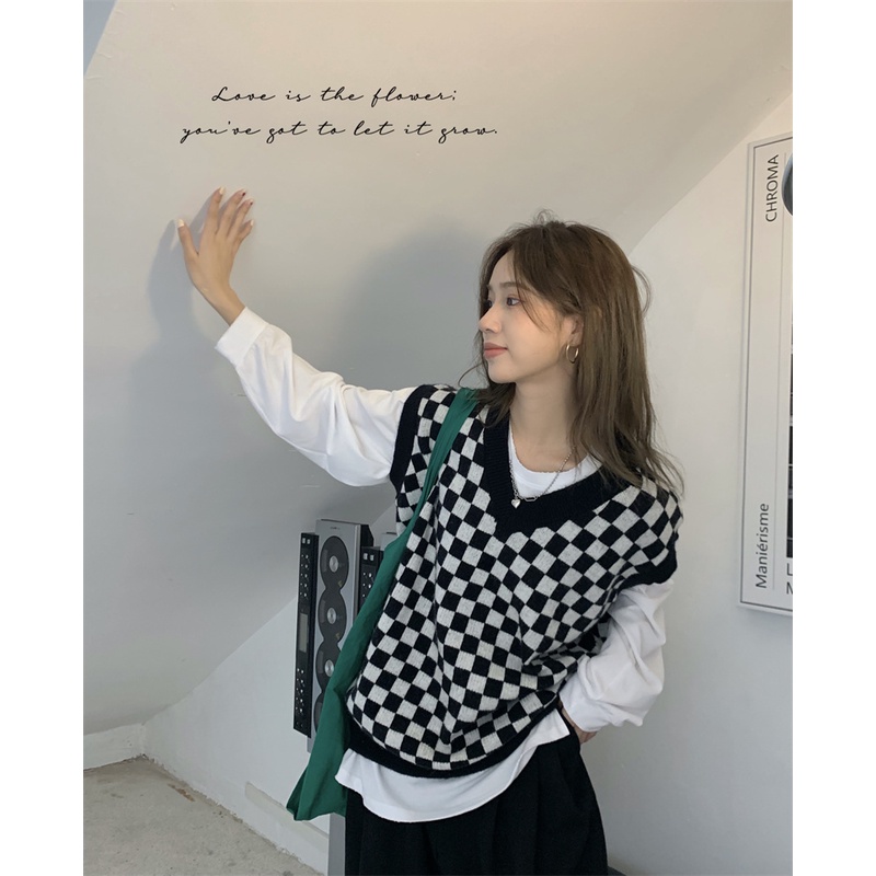 Áo gile nữ len ulzzang cổ chữ V họa tiết kẻ ô đen trắng - AL06 | BigBuy360 - bigbuy360.vn