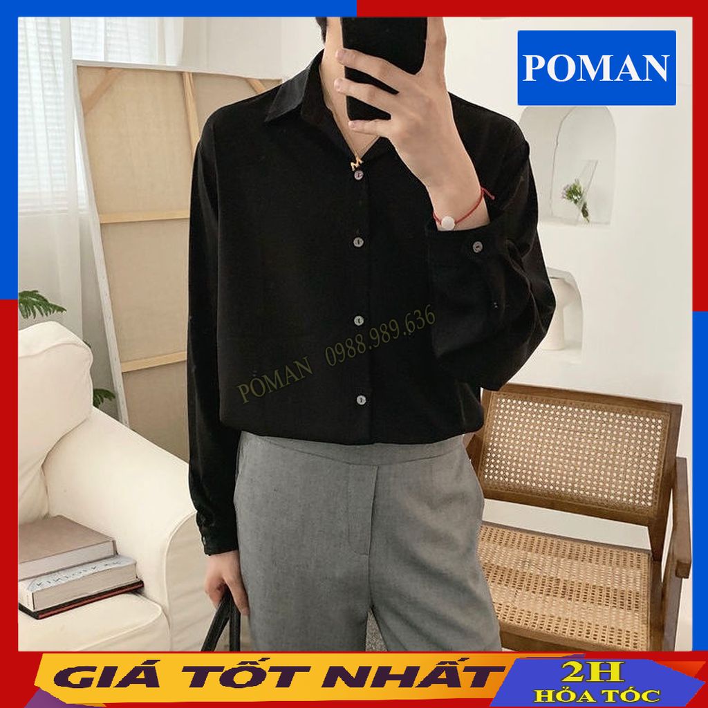 Áo sơ mi nam nữ dài tay giấu khuy unisex, Áo sơ mi lụa form rộng hàn quốc cao cấp SM02 - POMAN
