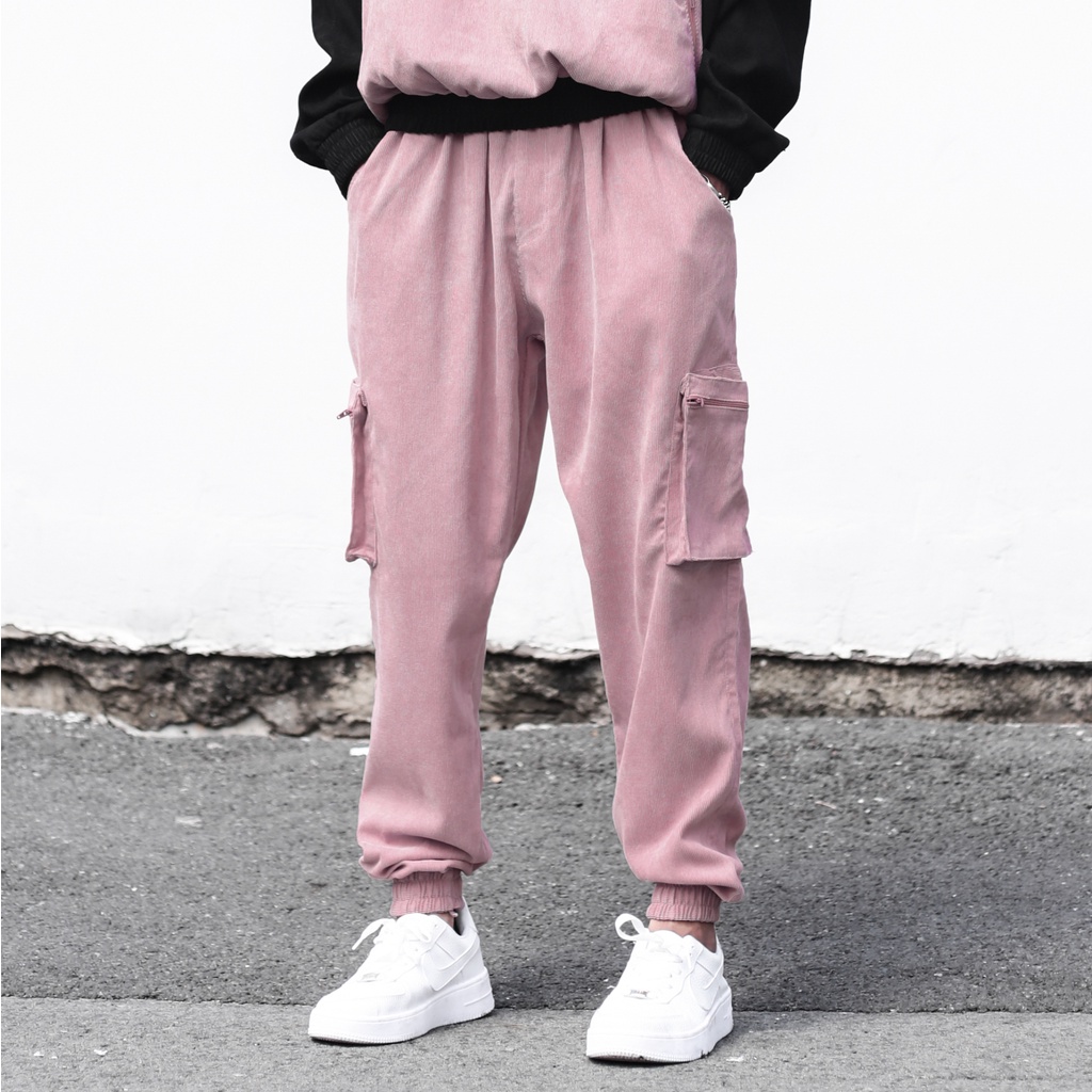 Quần Jogger Túi Hộp Lưng Thun Form Ống Rộng Chất Liệu Ticke Bo Ống Unisex Màu Hồng