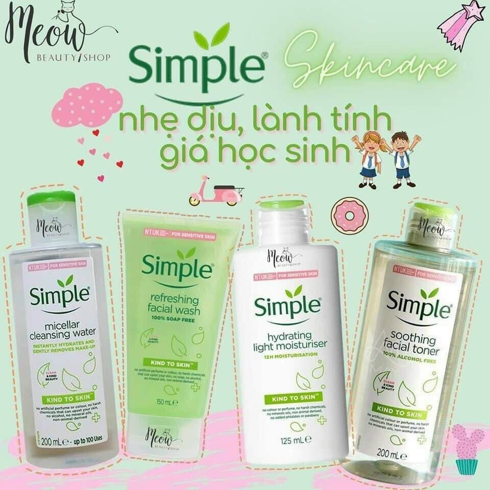 Bộ chăm sóc làm sạch da Sữa rửa mặt, Tẩy trang, Nước hoa hồng Toner hãng Simple UK cho da nhạy cảm